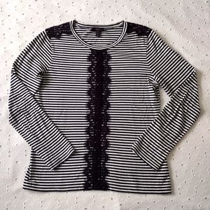 J. Crew Tee Shirt Long Sleeve Cotton Linen Striped Lace Trim Navy Size S